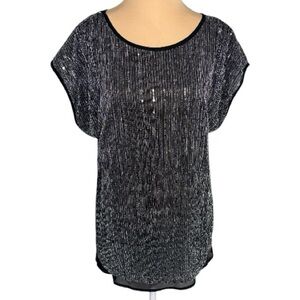 Stem & Vine Black and Metallic Silver Sheer Black Lined Blouse Size 1X